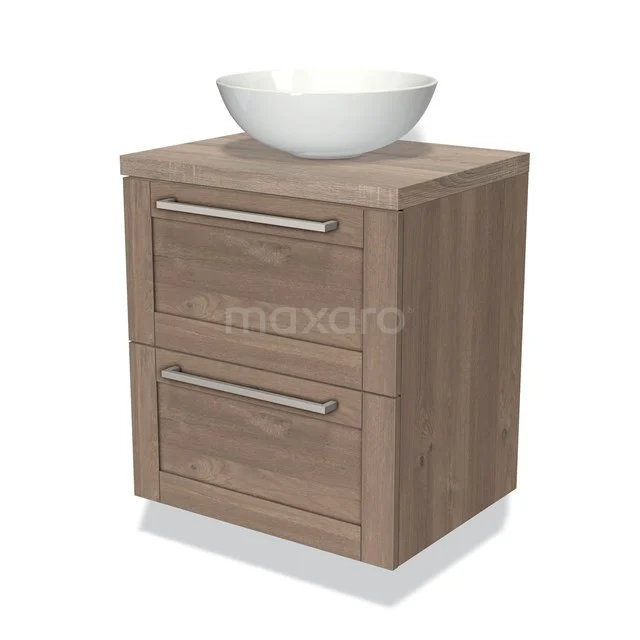 Houten badkamermeubel met twee lades en een witte ronde waskom, ideaal voor een moderne en natuurlijke badkamerstijl.
