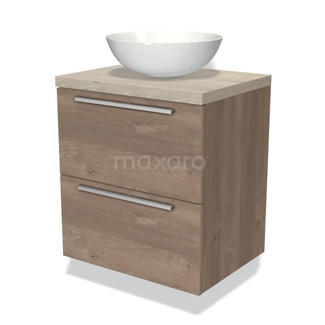 Houten badkamermeubel met twee lades, natuurhoutlook en keramische waskom in modern design. Perfect voor kleine badkamers.
