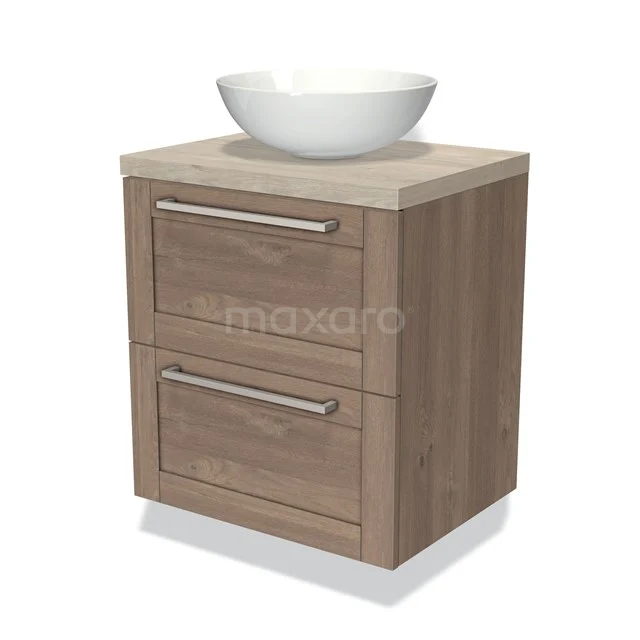 Houten badkamermeubel met een moderne witte opzetwaskom, voorzien van twee lades en een strak design.