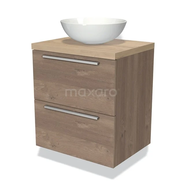 Badmöbel für Waschtischunterschrank mit Konsole 60cm Modulo Plato mittelbraune Eiche 2 Schubladen Flach hellbraune Eiche Platte BMK17-01405 Holz-Badmöbel mit zwei Schubladen und einem weißen Keramik-Waschbecken, kompaktes Design für moderne Bäder.