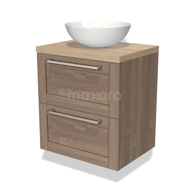 Wooden bathroom unit with drawer unit and round surface-mounted basin, in Oak look, ideal for a modern bathroom style.