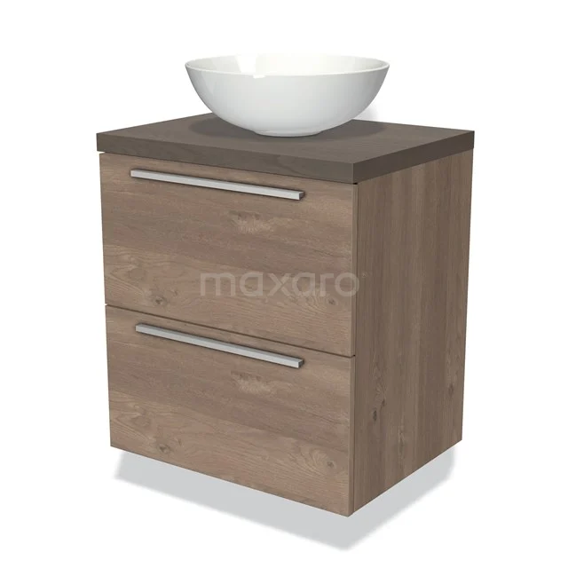 Houten badkamermeubel met 2 laden, donkere houtnerf, keramische wastafel, ideaal voor stijlvolle en praktische badkamerruimte.