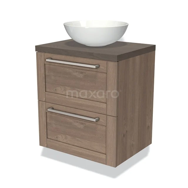 Houten badkamermeubel met twee lades en een witte waskom, compact design voor een stijlvolle en functionele badkamerindeling.