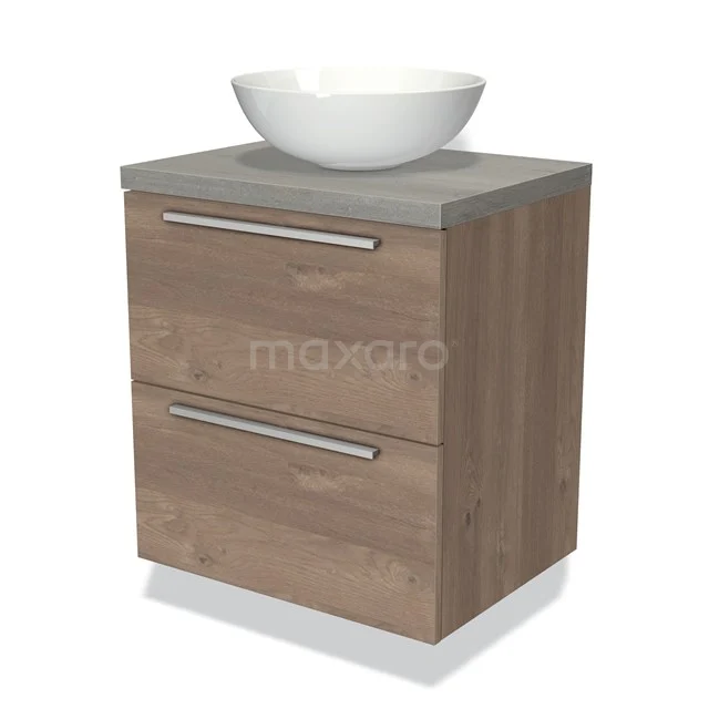 Hölzernes Badezimmermöbel mit zwei Schubladen, grauer Platte und weißem keramischen Aufsatzwaschbecken, modernes Design für stilvolle Bäder.