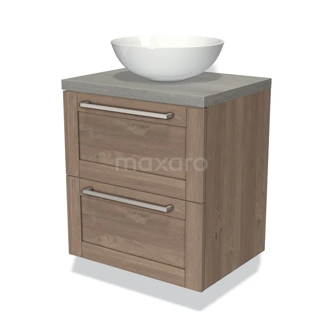 Modern houten badkamermeubel met twee lades, grijze wastafelblad en witte opzetkom, ideaal voor een stijlvolle badkamer inrichting.