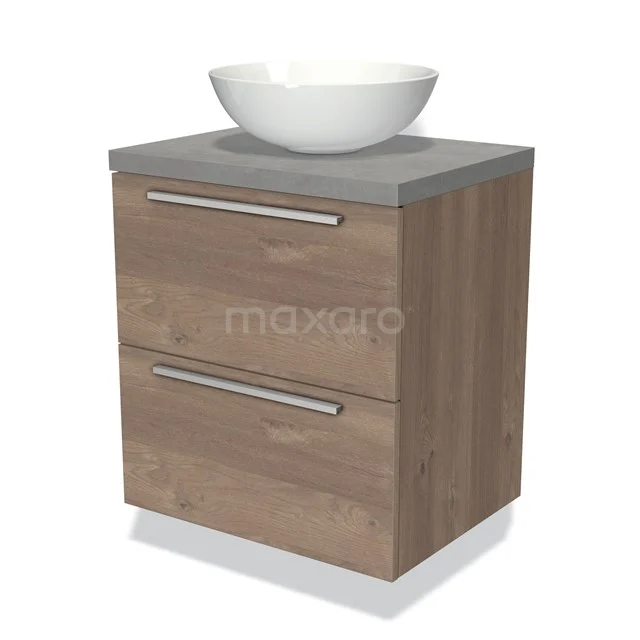 Houten badkamermeubel met moderne grijze wastafelblad en witte waskom, strak ontwerp met twee lades en metalen handgrepen.