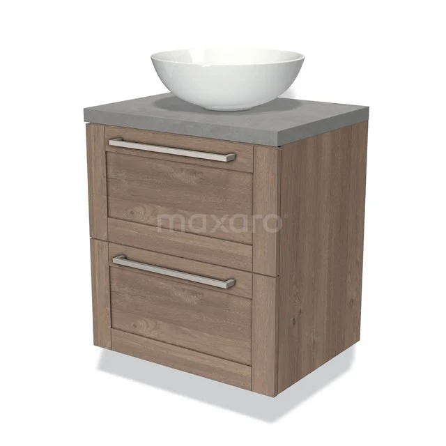 Houten badkamerkast met twee lades en een witte keramische waskom, grijs blad, compact ontwerp voor moderne badkamers.
