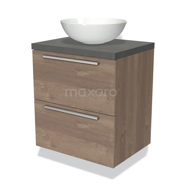 Houten badkamermeubel met twee lades, donkergrijs blad en witte keramische waskom; compact ontwerp voor moderne badkamers.