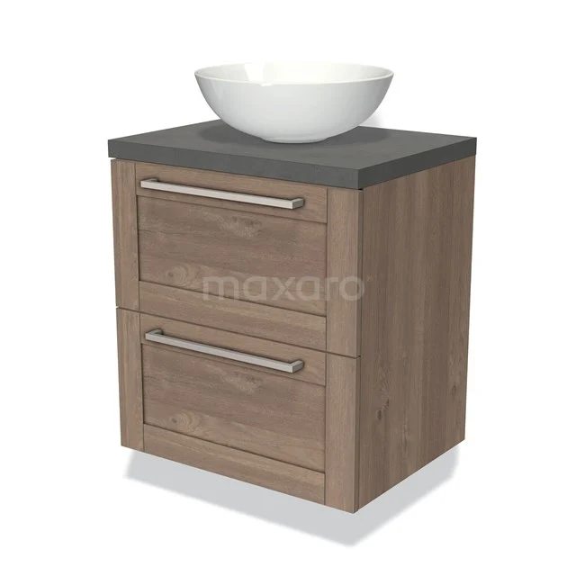 Modern badkamermeubel met houtlook, grijze wastafelblad en witte waskom. Perfect voor een stijlvolle en praktische badkamer.
