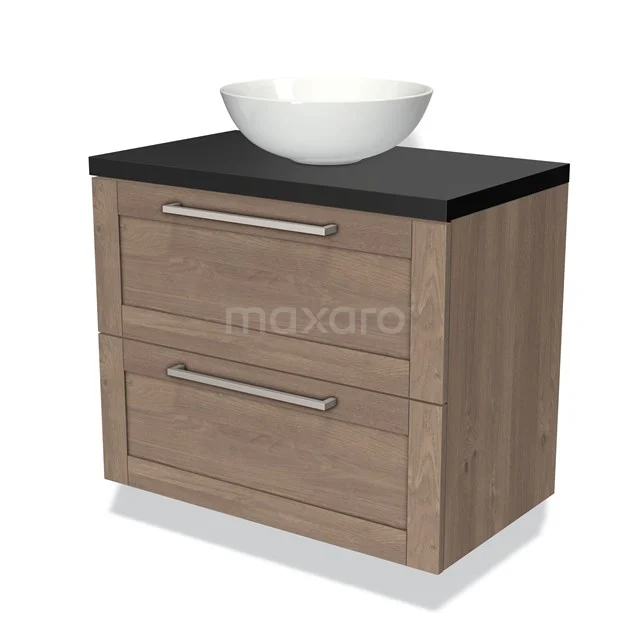 Houten badkamermeubel met twee lades, zwart blad en witte ronde waskom, ideaal voor een moderne badkamer inrichting.