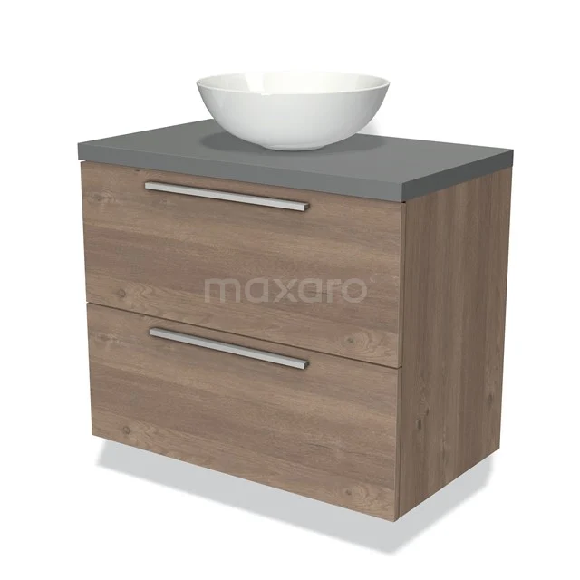 Badkamermeubel met moderne houtlook, grijze wastafelblad en witte kom, ideaal voor stijlvolle en functionele badkamerinrichting.