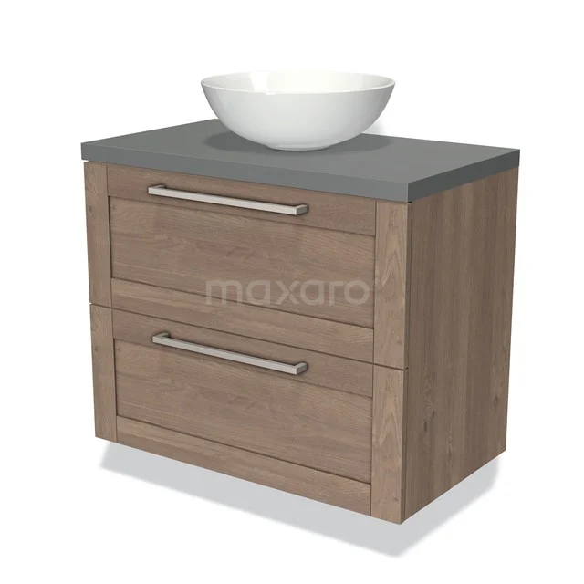 Houten badkamermeubel met twee lades, grijze bovenplaat en witte opzetwastafel; modern en compact design.