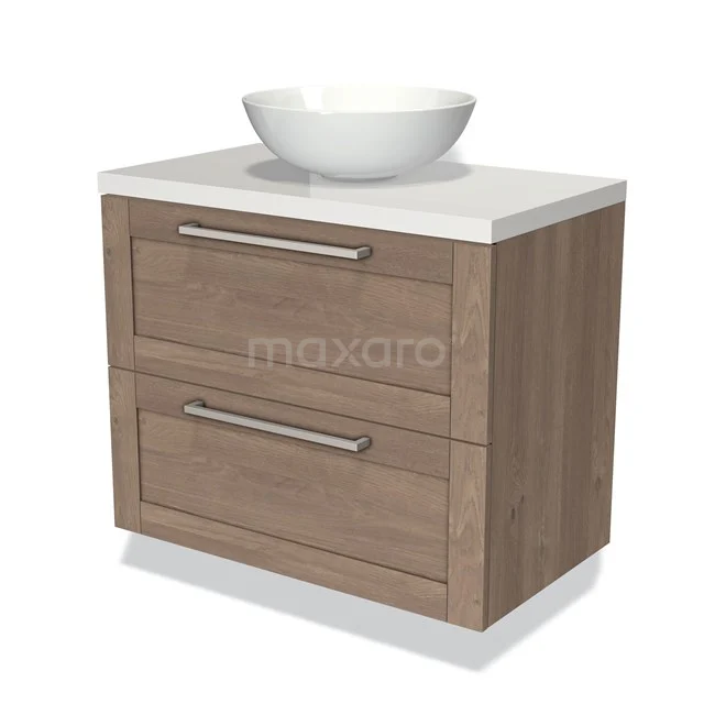Houten badkamermeubel met witte wastafel; modern design, ruime opberglades, ideaal voor stijlvolle badkamers.