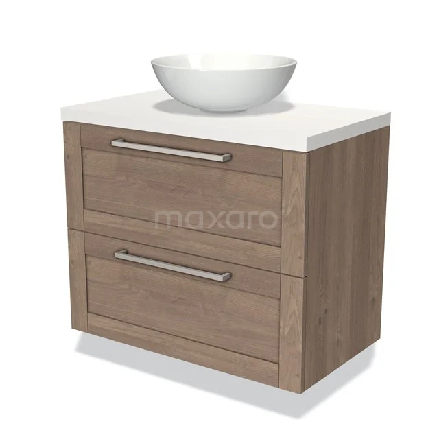 Houten badkamermeubel met witte waskom, twee lades en strak design, ideaal voor een moderne badkamerinrichting.