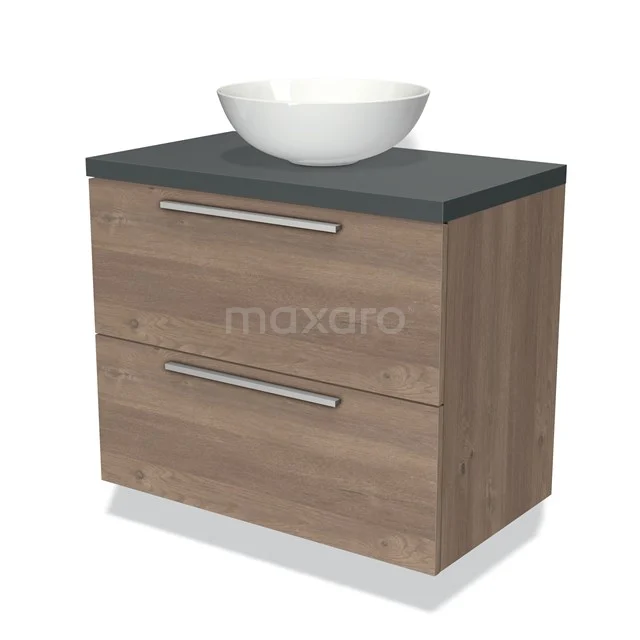 Houten badkamermeubel met twee lades, zwart blad en witte opzetwaskom, ideaal voor moderne badkamers.