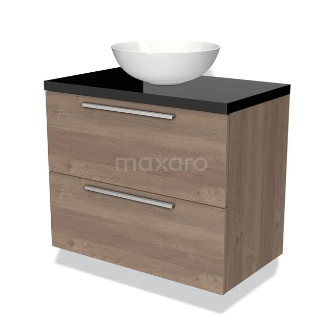 Houten badkamermeubel met twee lades, glazen wastafelblad en witte komvormige waskom; modern design.