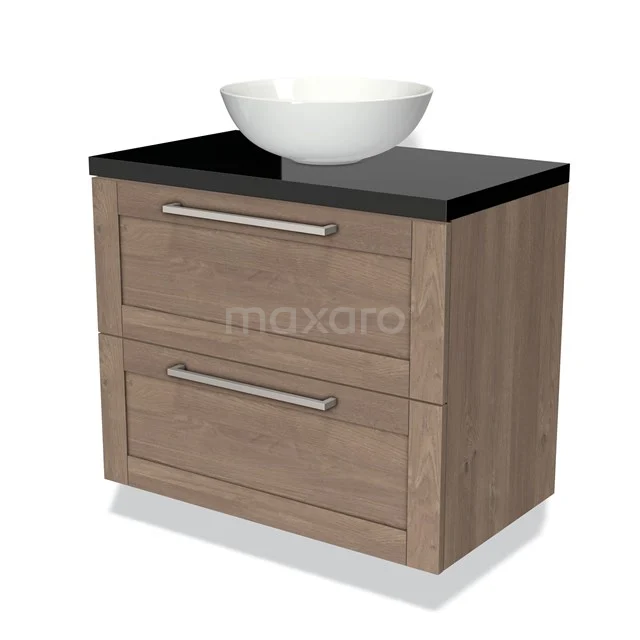 Badkamerkast houtlook, zwart blad, witte ronde wastafel, twee lades met metalen grepen. Modern design.