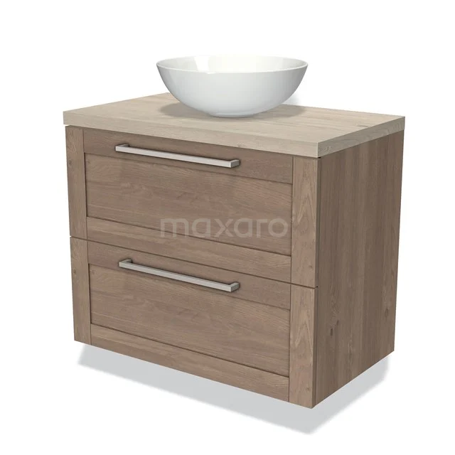 Houten badkamermeubel met twee lades en een witte opzetwaskom, modern design van duurzaam materiaal.