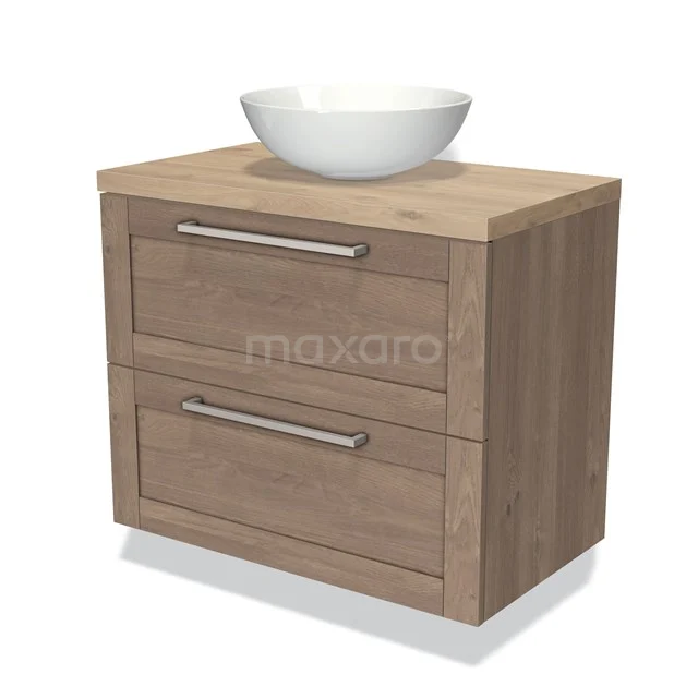 Houten badkamerkast met twee lades en een witte waskom, moderne uitstraling, ideaal voor een stijlvolle badkamer.