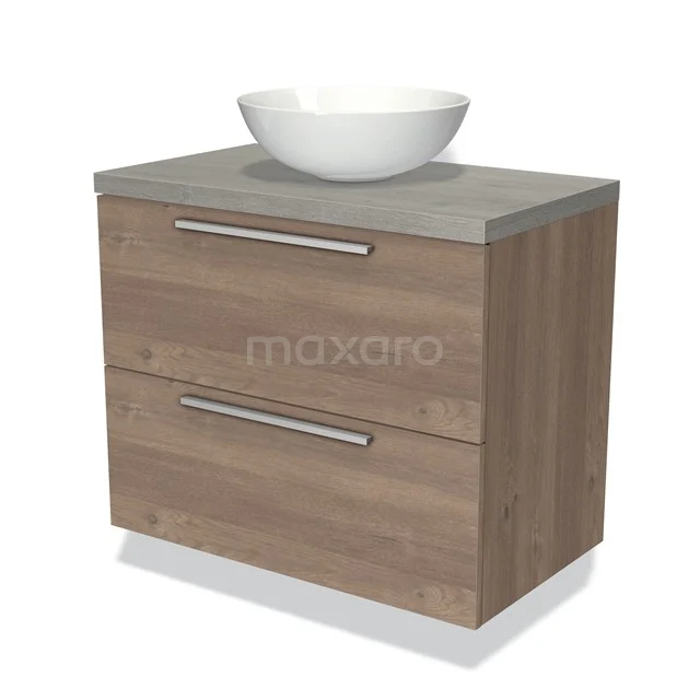Houten badkamermeubel met grijze wastafelblad, witte komvormige wasbak en twee lades, ideaal voor moderne badkamers.