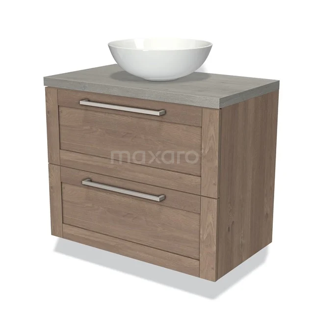 Houten badkamermeubel met twee lades, betonlook blad en een witte opbouw wastafel; stijlvol en modern design.