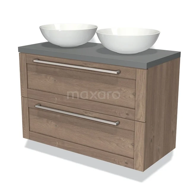 Houten badkamermeubel met grijze wastafel en twee witte opzetwaskommen, moderne handgrepen en twee ruime lades.