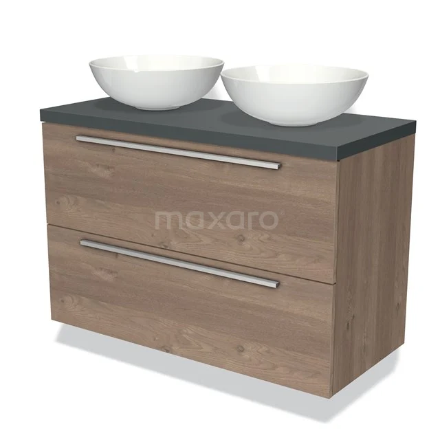 Houten badkamermeubel met twee lades, grijs blad en dubbele witte waskommen, stijlvol en compact ontwerp.