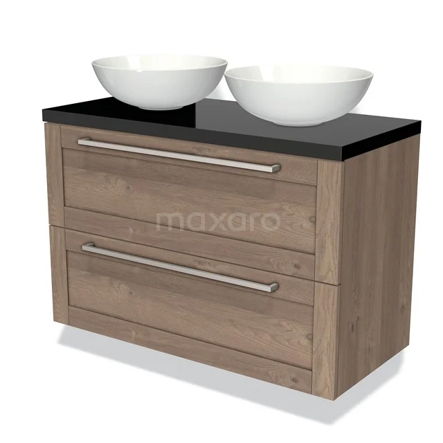 Houten badkamermeubel met zwarte wastafel en dubbele witte waskommen, modern design en metalen handgrepen.