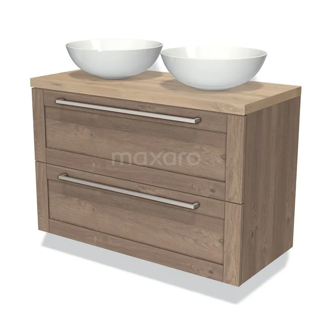 Houten badkamermeubel met 2 lades, inclusief dubbele witte wastafelkommen, ideaal voor een moderne badkamerinrichting.