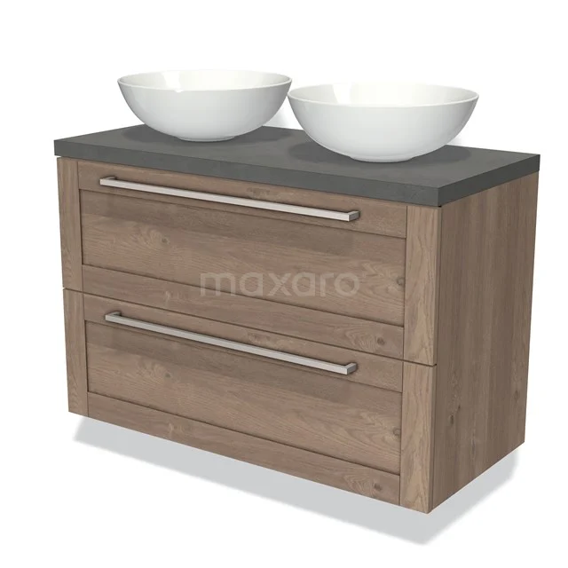 Houten badkamermeubel met twee witte komvormige waskommen en antraciet blad, inclusief lades met metalen grepen.