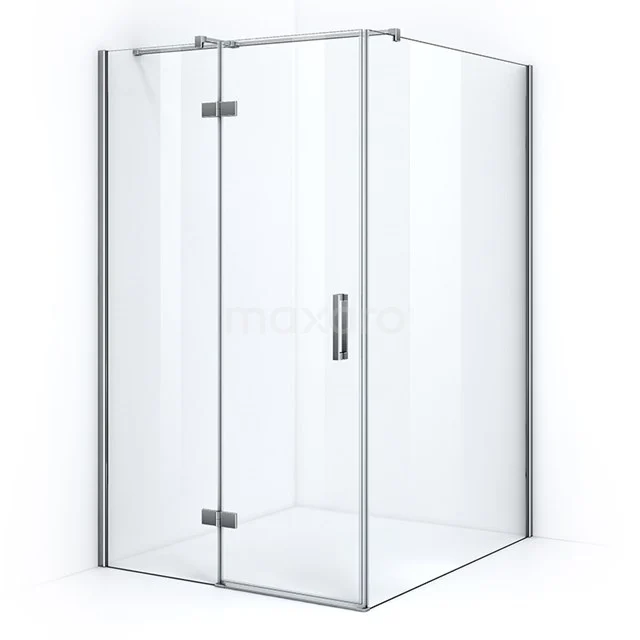 Glass shower enclosure with corner step, sleek design with aluminium profiles, perfect for a modern bathroom.