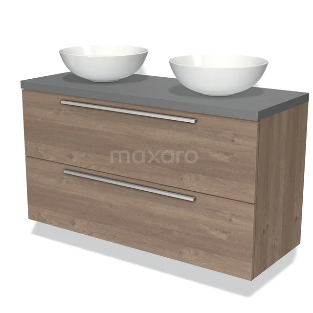 Houten badkamermeubel met grijze bovenblad, dubbele witte waskommen, moderne lades en strak design, perfect voor elke badkamer.
