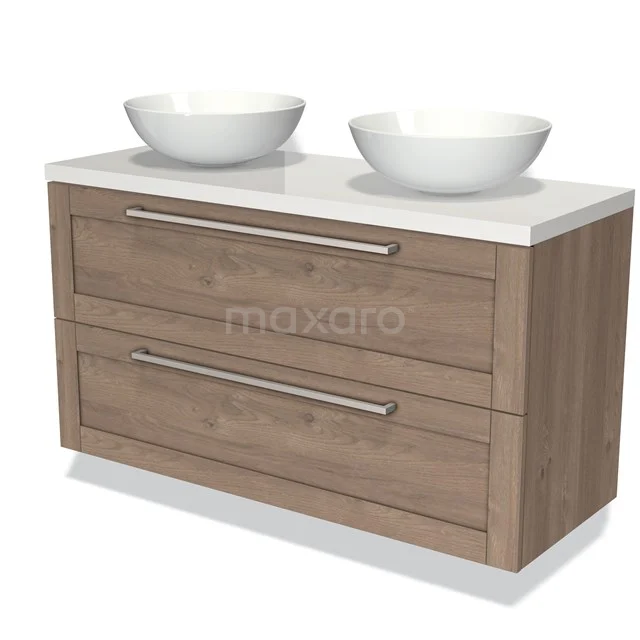 Badmöbel für Waschtischunterschrank mit Konsole 120cm Modulo Plato mittelbraune Eiche 2 Schubladen Rahmen Hochglanz Weiß Platte BMK17-01472 Holz Badezimmermöbel mit Doppelwaschbecken, weißen keramischen Aufsatzwaschbecken und zwei breiten Schubladen für Stauraum.