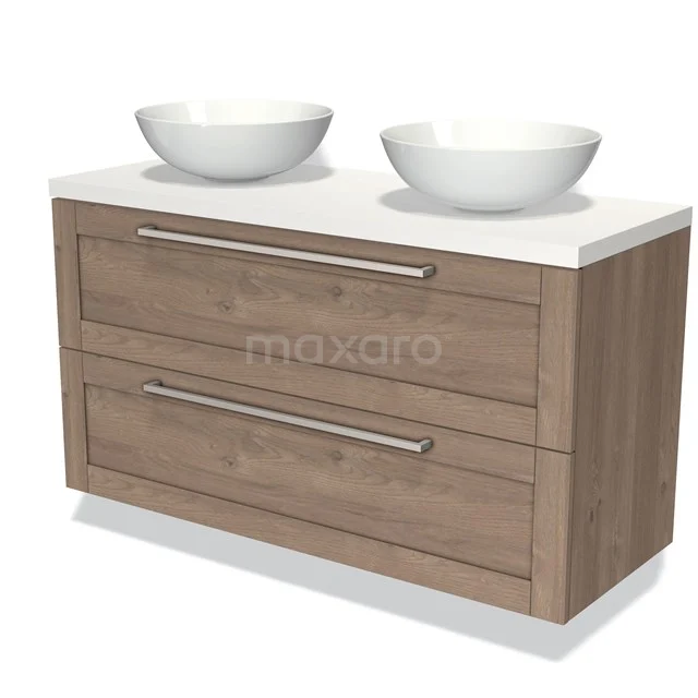 Houten badkamermeubel met 2 witte waskommen, modern design, dubbele lades, ideale opbergoplossing voor een stijlvolle badkamer.