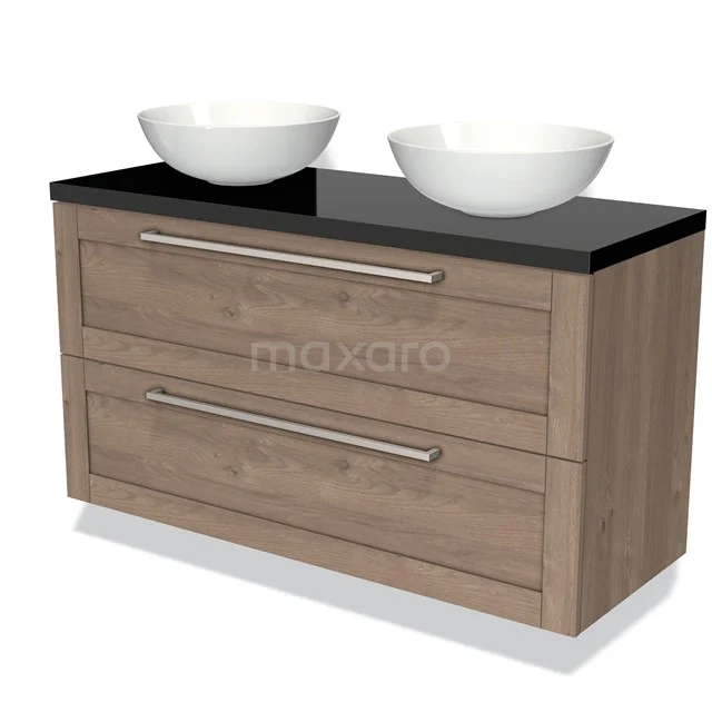 Wooden bathroom unit with double basin, black glass worktop and modern drawers from an elegant bathroom series.