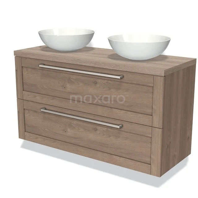 Houten badkamermeubel met twee witte waskommen, moderne ladegrepen en strak design, ideaal voor stijlvolle badkamerinrichting.