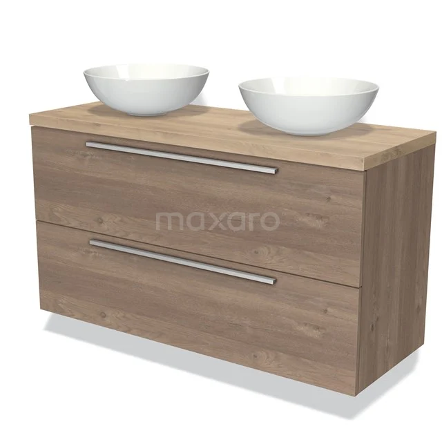 Houten badkamermeubel met twee witte waskommen, dubbel wastafelmeubel in modern design, ideaal voor eigentijdse badkamers.