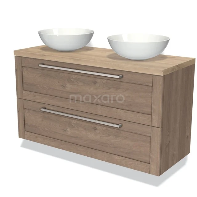 Houten badkamermeubel met dubbele witte waskommen, 2 ruime lades en chromen handgrepen; stijlvol en praktisch design.