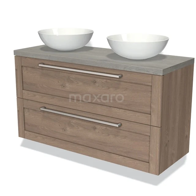 Hölzernes Badezimmermöbel mit grauer Platte und zwei weißen Aufsatzwaschbecken, modernes Design und praktische Schubladen.