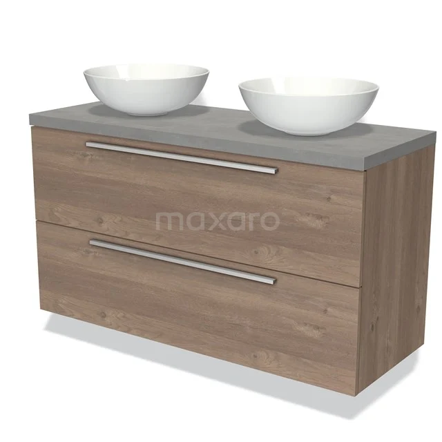 Houten badkamermeubel met dubbele wastafel, grijze bovenplaat en moderne ladegrepen, ideaal voor ruime badkamers.