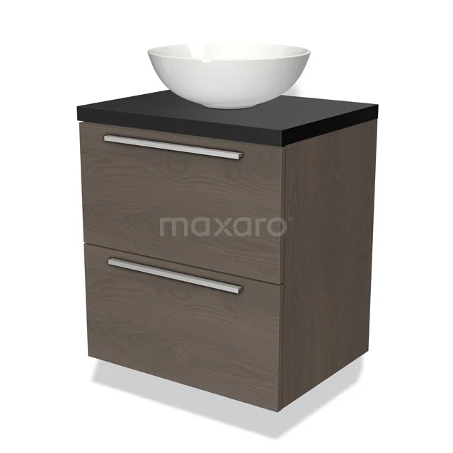 Houten badkamerkast met zwarte bovenblad en witte waskom, modern design met twee lades en chromen handgrepen.
