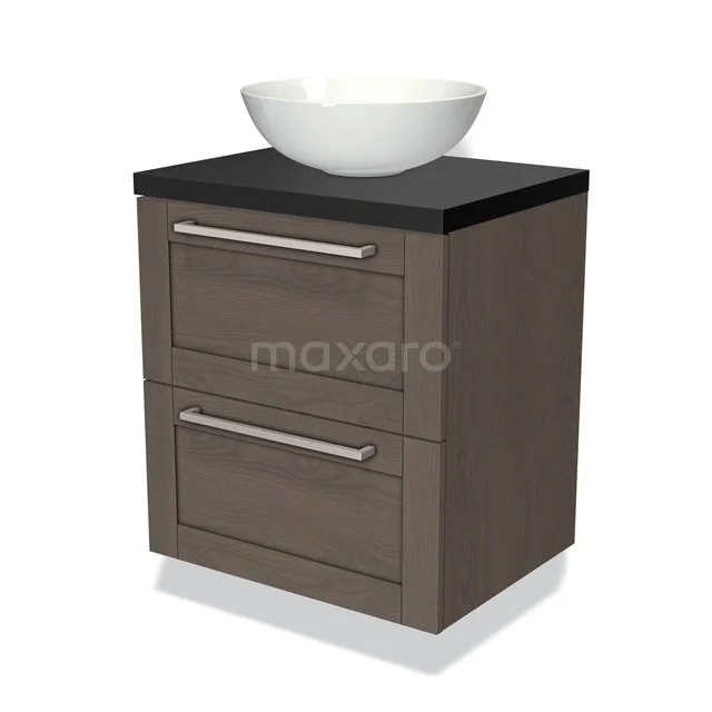 Bruine badkamermeubelset met twee lades, zwart blad en witte opbouw wastafel; modern design voor een stijlvolle badkamer.