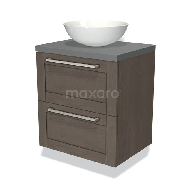 Wastafelmeubel met houtlook, grijs blad en witte waskom, ideaal voor een moderne badkamer.