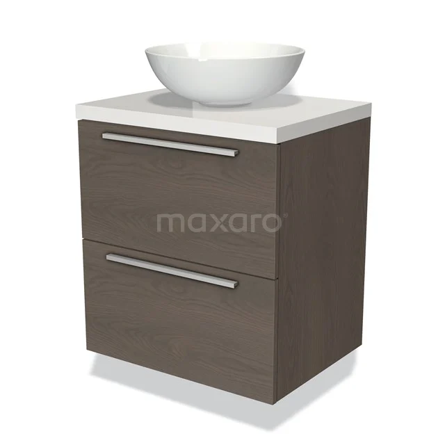 Badmöbel für Waschtischunterschrank mit Konsole 60cm Modulo Plato dunkelbraune Eiche 2 Schubladen Flach Hochglanz Weiß Platte BMK17-01497 Badmöbel Holzoptik mit weißem Aufsatzwaschbecken, 2 Schubladen und Chromgriffen, modernes Design für stilvolle Bäder.