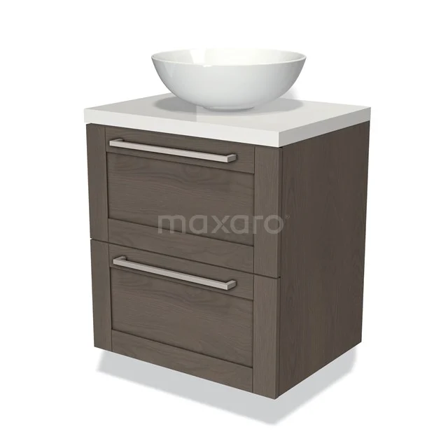 Badmöbel für Waschtischunterschrank mit Konsole 60cm Modulo Plato dunkelbraune Eiche 2 Schubladen Rahmen Hochglanz Weiß Platte BMK17-01498 Braunes Holz-Badmöbel mit weißem Aufsatzwaschbecken, zwei Schubladen und chromfarbenen Griffen, perfekte Aufbewahrung für ein modernes Badezimmer.