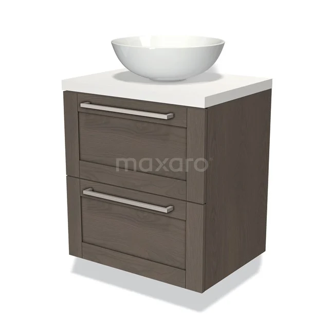 Brown wooden bathroom cabinet with two drawers, a white basin and a modern design. Perfect for stylish bathroom storage.