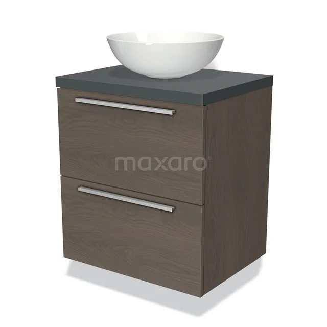 Badmöbel für Waschtischunterschrank mit Konsole 60cm Modulo Plato dunkelbraune Eiche 2 Schubladen flache dunkelgraue Platte BMK17-01501 Holz Badezimmermöbel mit zwei Schubladen, dunkler Platte und weißem runden keramischen Aufsatzwaschbecken. Modernes Design.