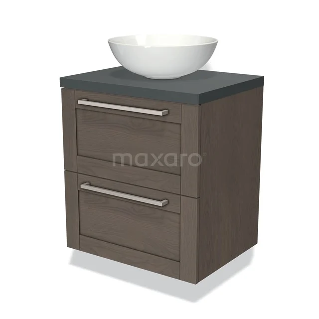 Compacte houten badkamerkast met grijze bovenblad en witte waskom, ideaal voor moderne badkamers.