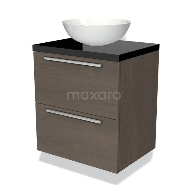 Wastafelmeubel houtlook met zwarte bovenplaat, ronde witte opbouwwastafel en twee lades, ideaal voor een moderne badkamer.