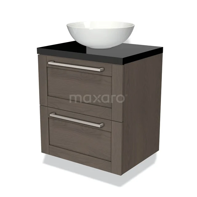 Houten badkamermeubel met 2 lades, zwart blad en ronde witte waskom, modern design voor stijlvolle badkamers.